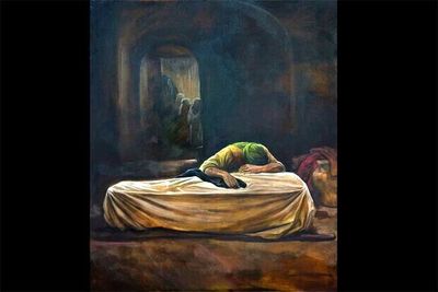 Ruholamin’s new painting depicting ​sons’ final farewell to Hazrat Fatima (SA) 