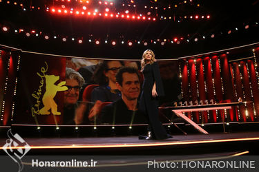 Host Anke Engelke is seen on stage at the closing ceremony during the 68th Berlinale International Film Festival